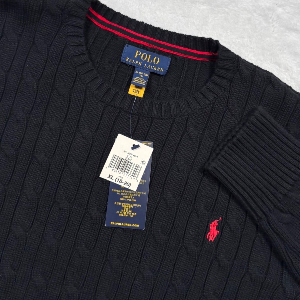 NEW Polo Ralph Lauren Cable Knit Sweater Mens S BOYS 18-20 Black Red Pony Logo